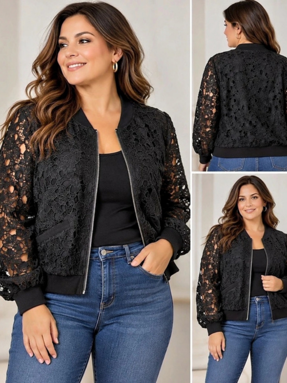 Isaac Mizrahi LIVE! Black Lace Bomber Jacket Zip Front Floral Sheer L